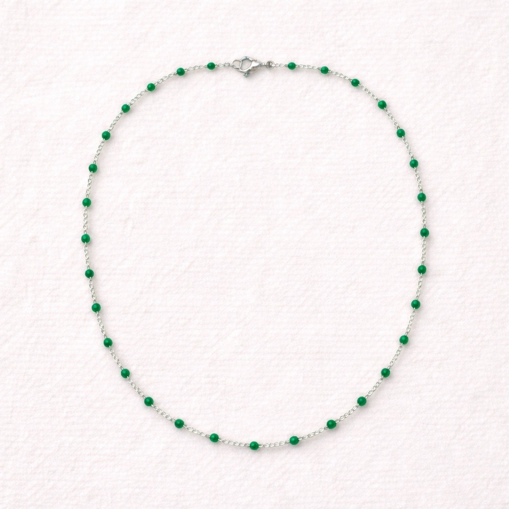 Necklace - 18” Stainless Steel Silver tone Necklace with Green Bead Accents - Picture 5 of 5